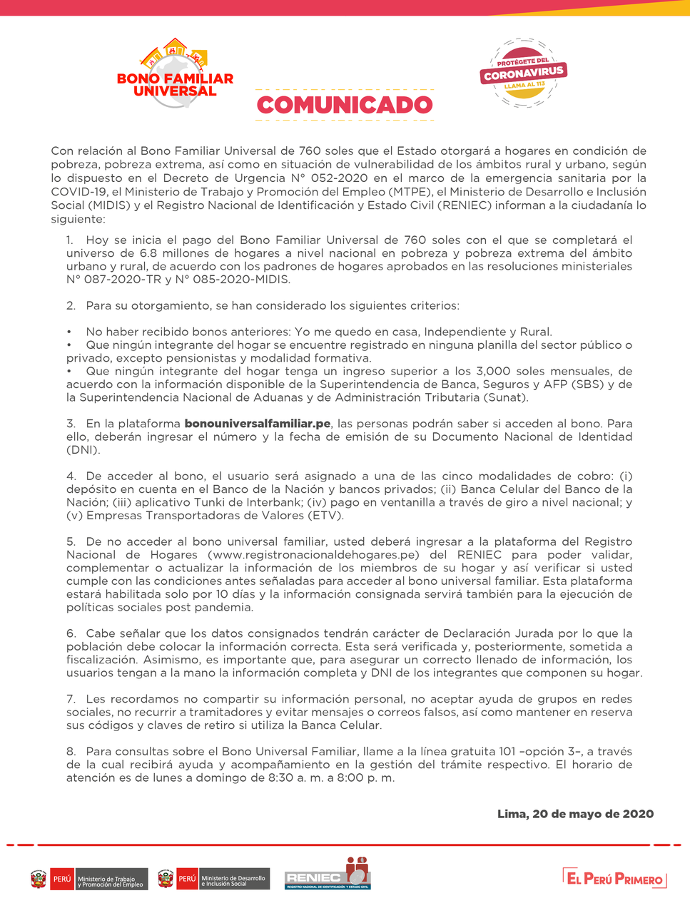 Comunicado Oficial Ministerio de Desarrollo e Inclusión Social