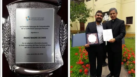 Monseñor Raúl Chau, presidente de la Comisión Episcopal de Comunicación, y César Gonzalez director de la radio. Fuente: Radio Madre de Dios.