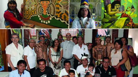 En este primer encuentro participaron Olinda Silvano, del pueblo shipibo, Brus Rubio, del pueblo Murui, y 10 pintores del pueblo Harakbut de Madre de Dios. Fotos: CAAAP/El Comercio. Montaje: CAAAP.