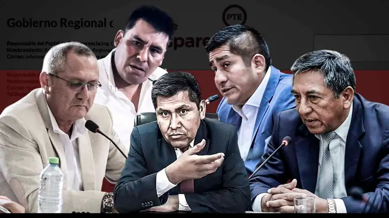 Gobernadores Segismundo Cruces (Tumbes), Percy Godoy (Apurímac), Richard Hancco (Puno), Zósimo Cárdenas (Junín) y Luis Otsuka (Madre de Dios) con el peor desempeño en transparencia. (Foto composición: Lima Times)