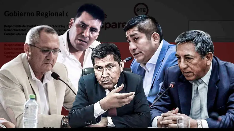 Gobernadores Segismundo Cruces (Tumbes), Percy Godoy (Apur&iacute;mac), Richard Hancco (Puno), Z&oacute;simo C&aacute;rdenas (Jun&iacute;n) y Luis Otsuka (Madre de Dios) con el peor desempe&ntilde;o en transparencia. (Foto composici&oacute;n: Lima Times)