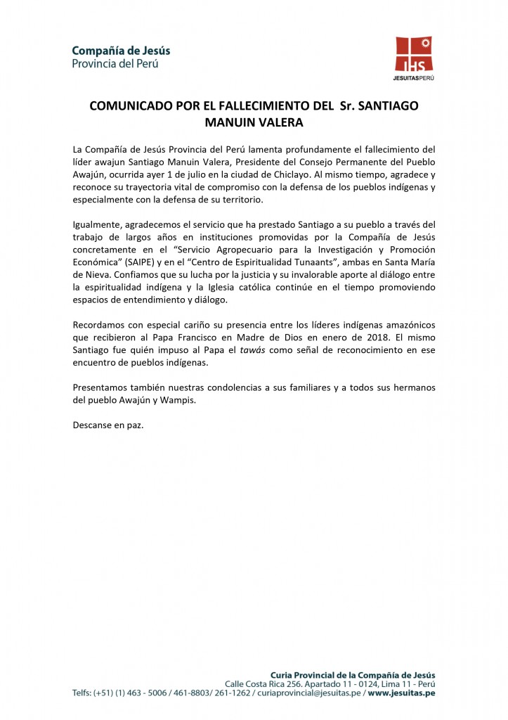Comunicado Compañía de Jesús Provincia de Perú
