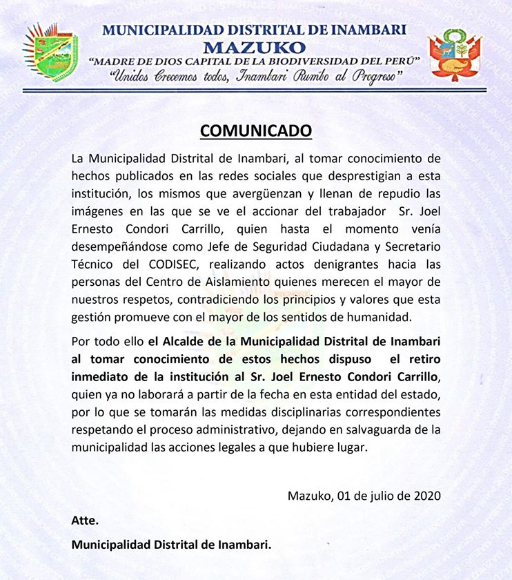 Comunicado de la Municipalidad Distrital de Inambari.
